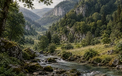 Bewaldetes Tal von Myrrathal mit klarem Gebirgsbach