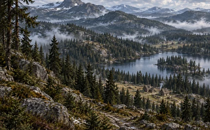 Raue, bewaldete Hochlandschaft der Nordmark mit Seen und Bergen