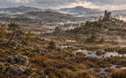 Heide- und Moorlandschaft der Ostmark mit verfallener Befestigung