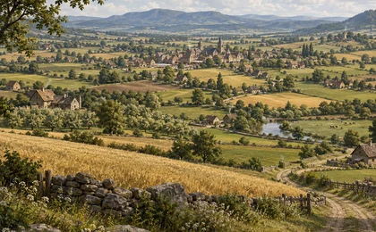 Landschaft des Kronlands Steinmark mit Feldern und Siedlungen